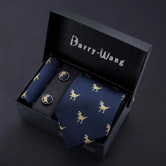 Dinosaur Men Ties Blue Gold Silk Mens Wedding Necktie Handkerchief Gift Box Set Male Ties For Men Gift Barry.Wang Gravat BB-5191